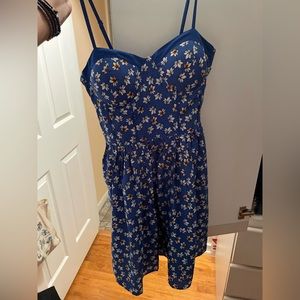 Blue floral corset top spaghetti strap skater dress